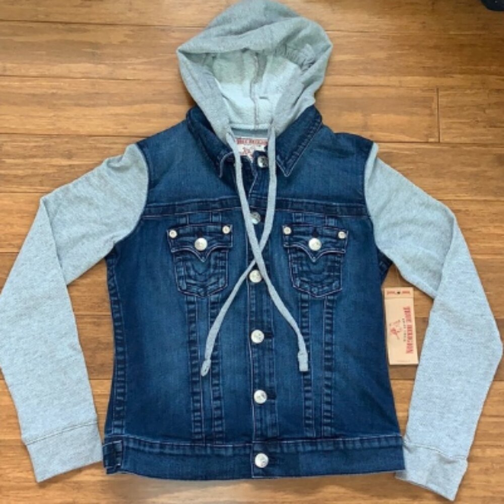 NEW TRUE RELIGION Blue Jean/GreyHoodie Jacket Sz M